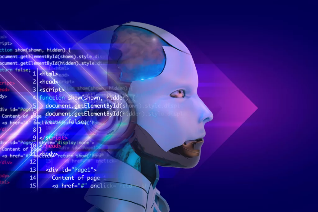 un robot avec du code en arrière plan